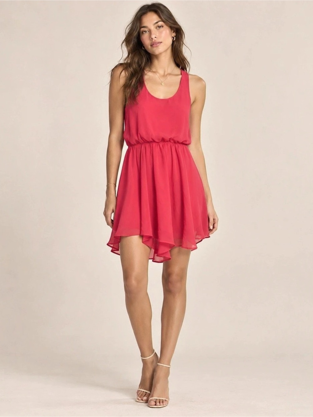 Lush Pink Coral Chiffon High Low Dress Orange Racerback Sleeveless Size Large